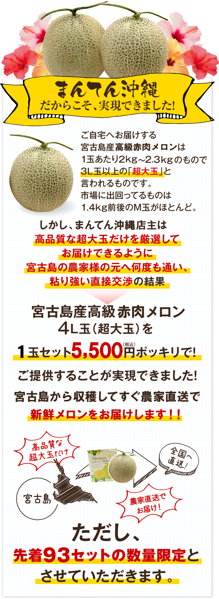 まんてん沖縄だからこそ、実現できました! ご自宅へお届けする宮古島産赤肉クインシーメロンメロンは1玉あたり1.7kg?2kgのもので、通常購入する場合、1玉3,000円程度。2玉だと6,000円します。しかし、まんてん沖縄店主が宮古島の農家様の元へ何度も通い、粘り強い直接交渉の結果 2玉セット5,000円(税込)ポッキリで!ご提供することが実現できました!しかも!宮古島から農家直送!! 宮古島から全国へ直送!!ただし、先着93セットの数量限定とさせていただきます。 今回は大変お得な数量限定セットなので、売り切れが予想されます。なるべくお早めのご注文をお勧めします。 まんてん沖縄 店主